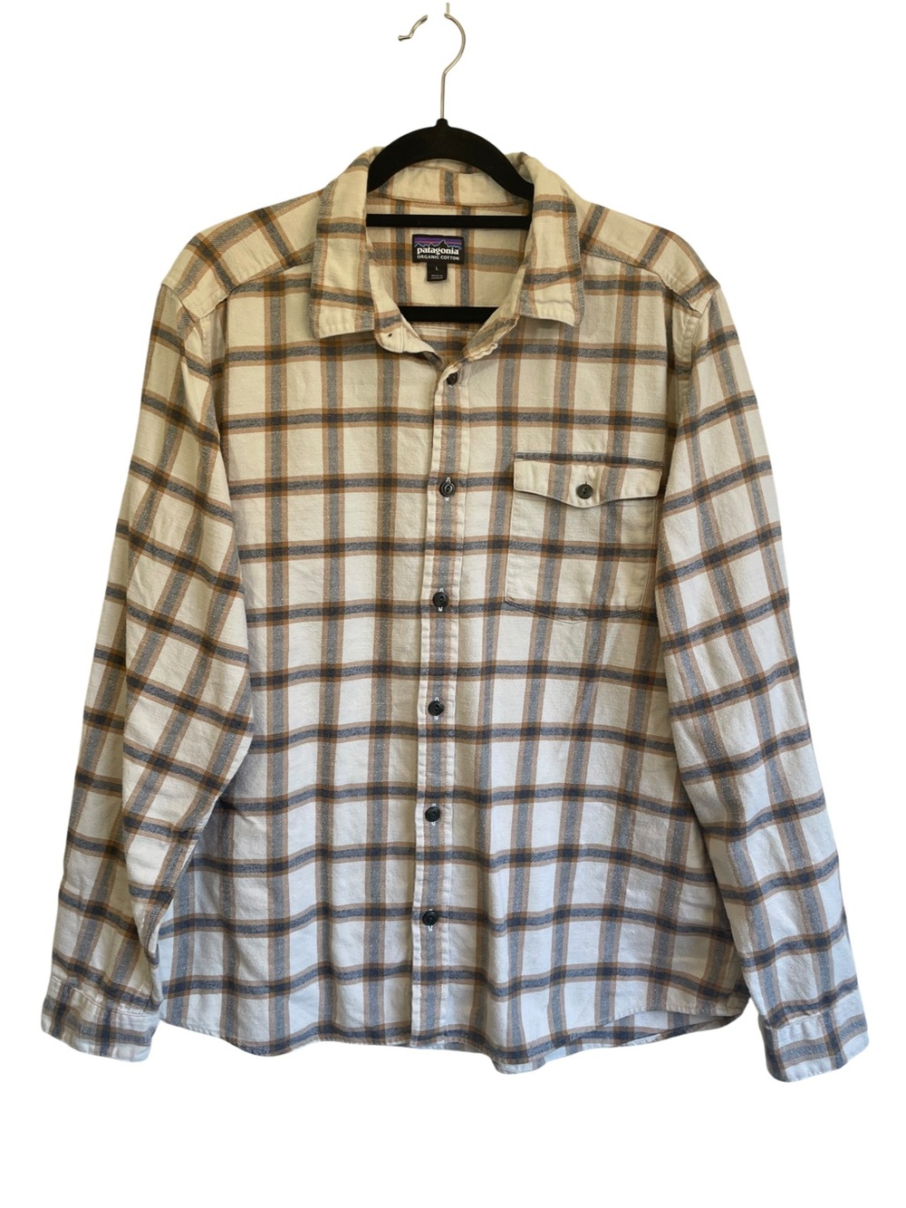 Patagonia Fjord Flannel Plaid Button-Down Shirt Cream with Brown & Gray Check
